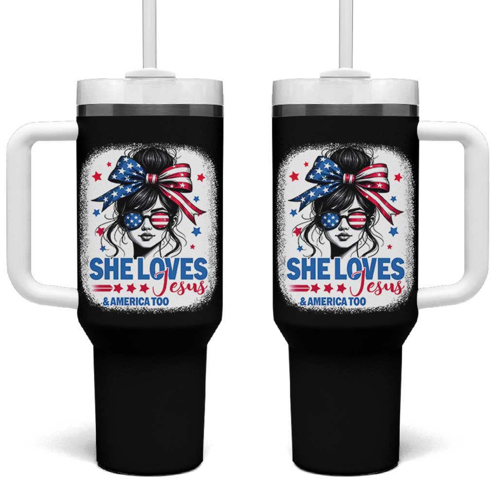 She Loves Jesus And America Too Tumbler With Handle Christian 4th of July Messy Bun Flag - Wonder Print Shop