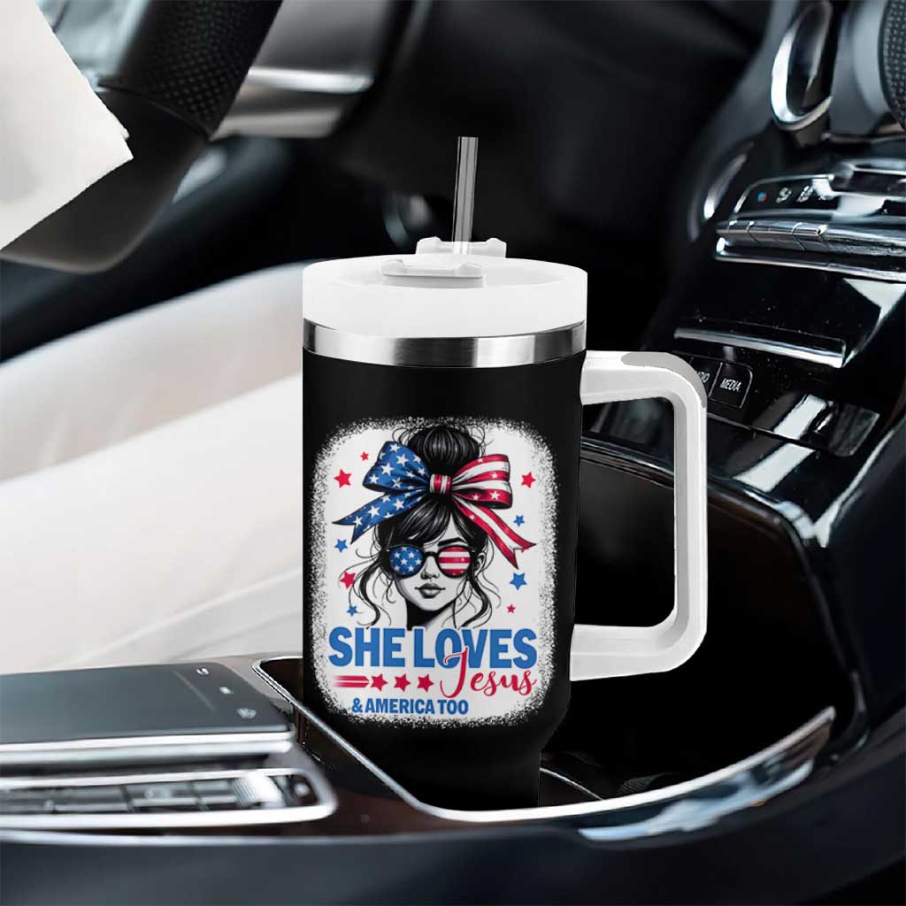 She Loves Jesus And America Too Tumbler With Handle Christian 4th of July Messy Bun Flag - Wonder Print Shop