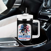 She Loves Jesus And America Too Tumbler With Handle Christian 4th of July Messy Bun Flag - Wonder Print Shop