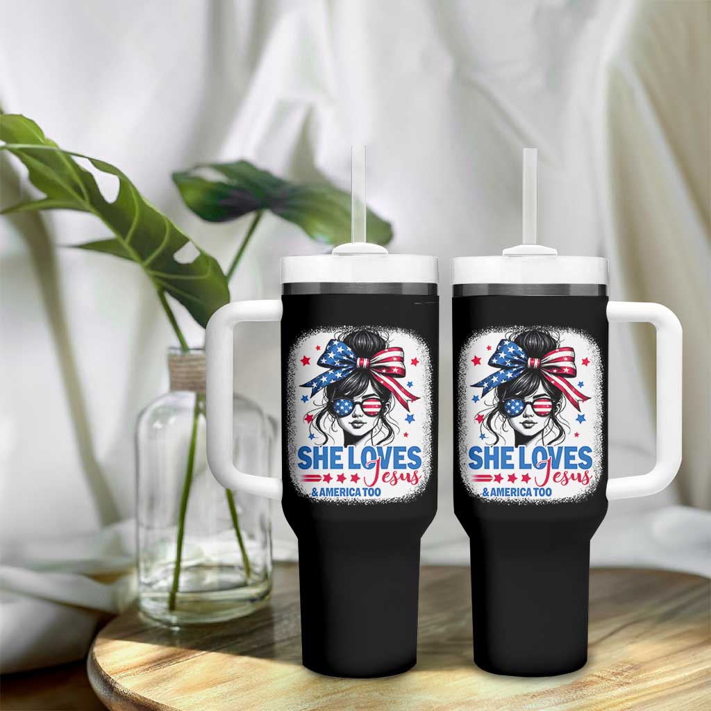 She Loves Jesus And America Too Tumbler With Handle Christian 4th of July Messy Bun Flag - Wonder Print Shop