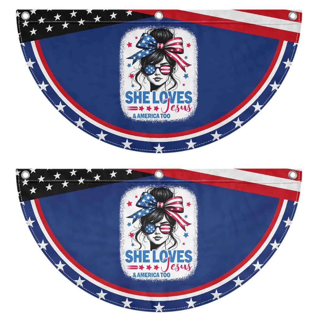 She Loves Jesus And America Too Patriotic Fan Flag Christian 4th of July Messy Bun Flag