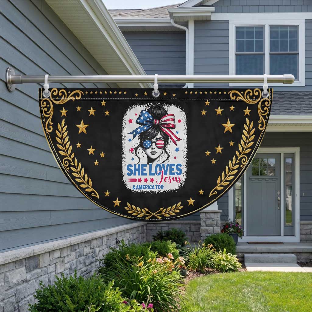 She Loves Jesus And America Too Patriotic Fan Flag Christian 4th of July Messy Bun Flag