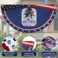 She Loves Jesus And America Too Patriotic Fan Flag Christian 4th of July Messy Bun Flag