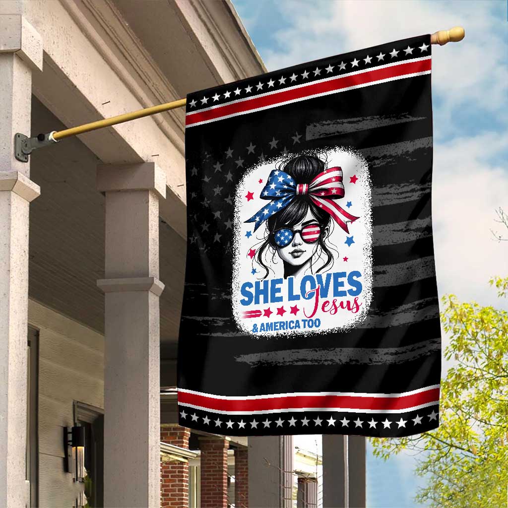 She Loves Jesus And America Too Garden Flag Christian 4th of July Messy Bun Flag