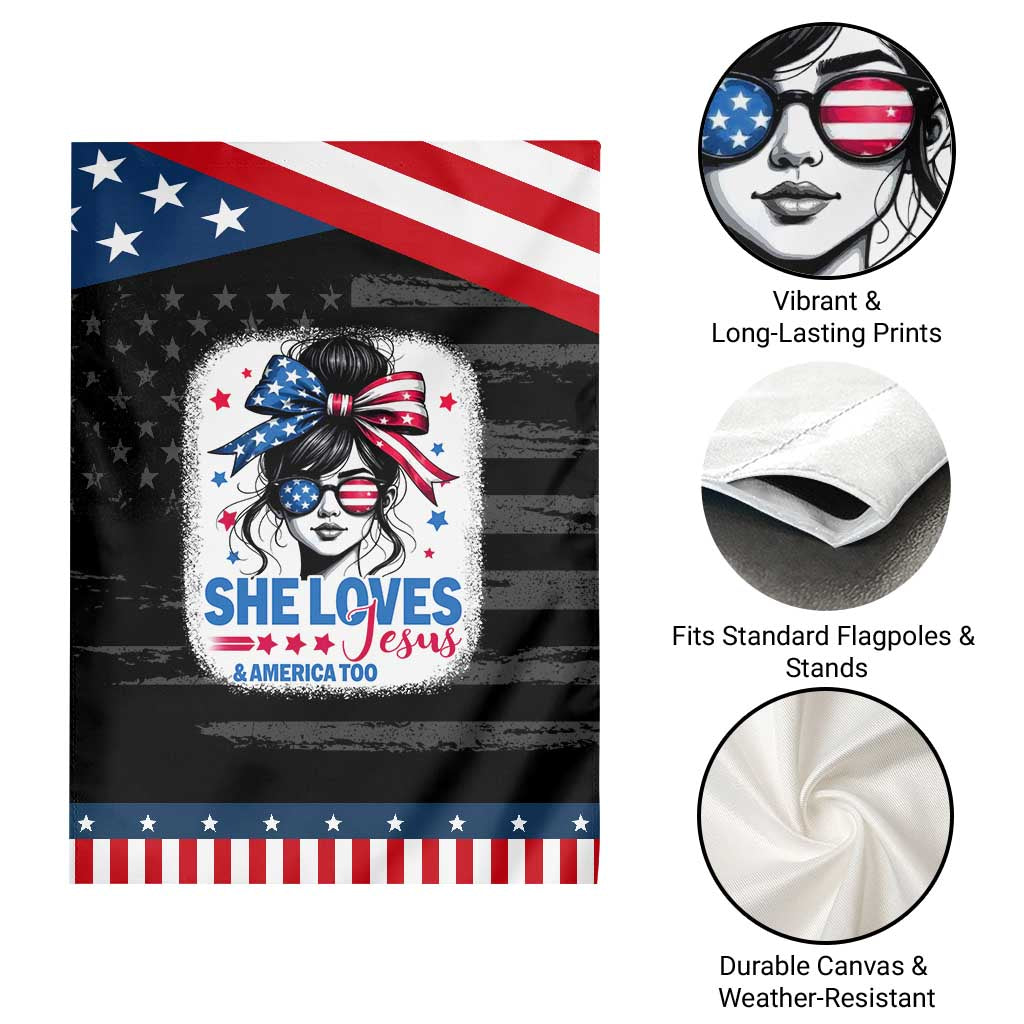 She Loves Jesus And America Too Garden Flag Christian 4th of July Messy Bun Flag