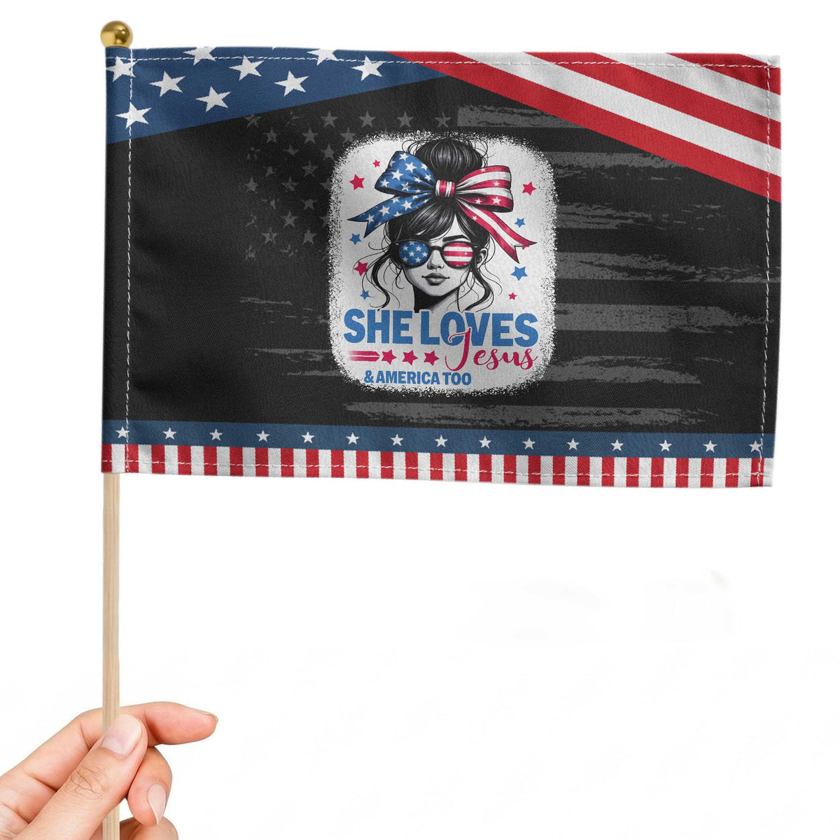 She Loves Jesus And America Too Patriotic Handheld Flag Christian 4th of July Messy Bun Flag