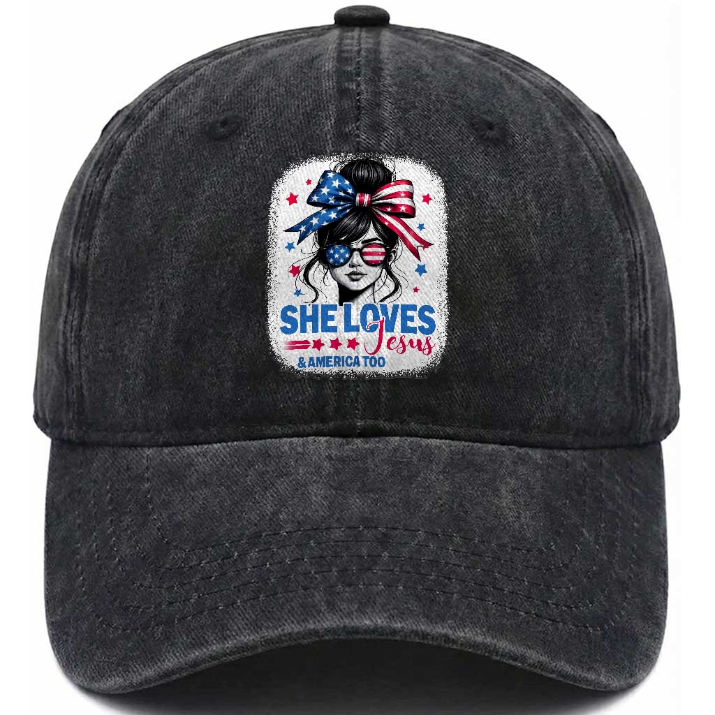 She Loves Jesus And America Too Washed Cotton Baseball Cap Christian 4th of July Messy Bun Flag