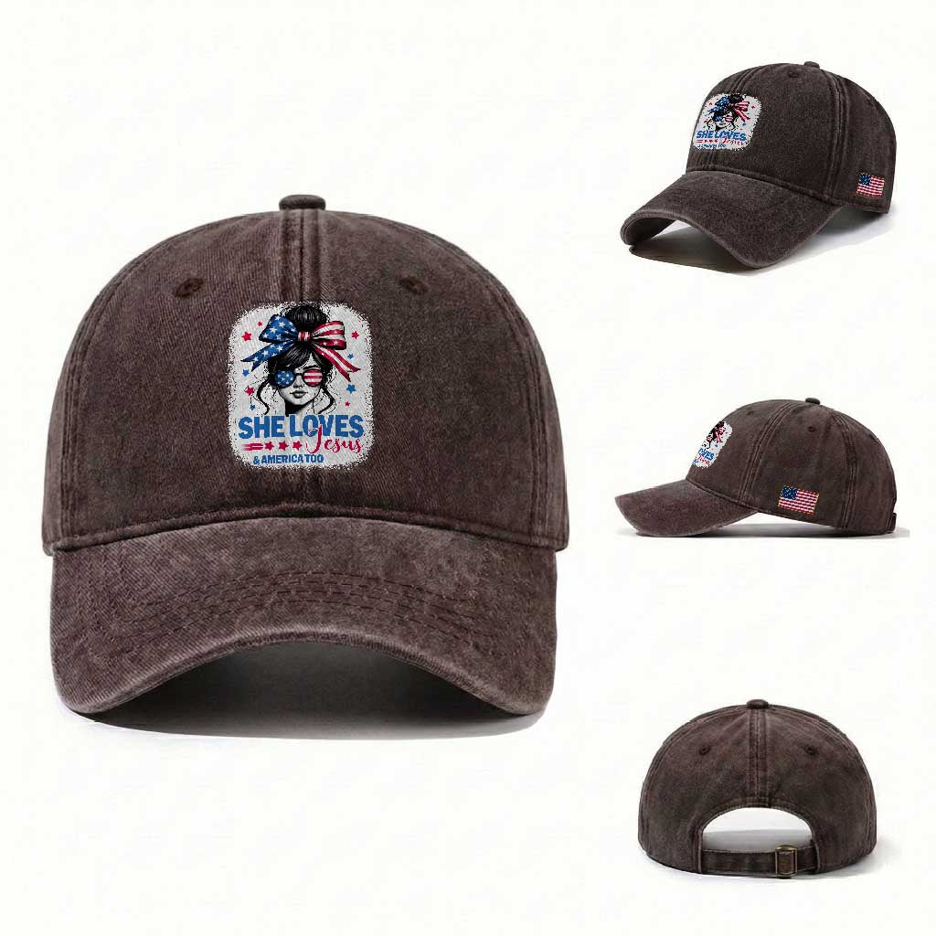 She Loves Jesus And America Too Washed Cotton Baseball Cap Christian 4th of July Messy Bun Flag
