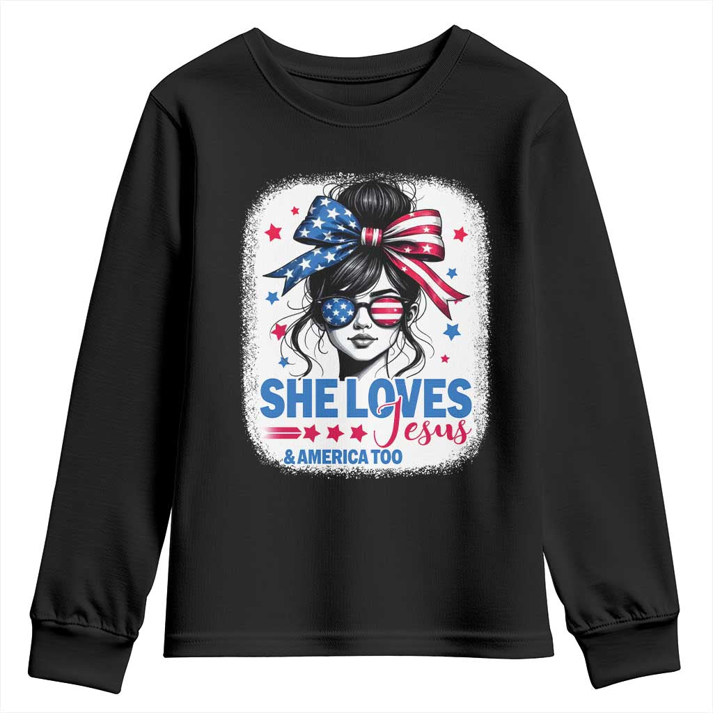 She Loves Jesus And America Too Youth Sweatshirt Christian 4th of July Messy Bun Flag - Wonder Print Shop