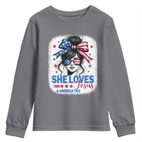 She Loves Jesus And America Too Youth Sweatshirt Christian 4th of July Messy Bun Flag - Wonder Print Shop