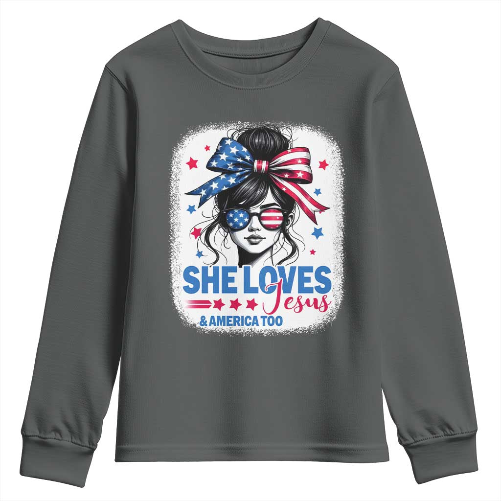She Loves Jesus And America Too Youth Sweatshirt Christian 4th of July Messy Bun Flag - Wonder Print Shop