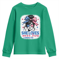 She Loves Jesus And America Too Youth Sweatshirt Christian 4th of July Messy Bun Flag - Wonder Print Shop