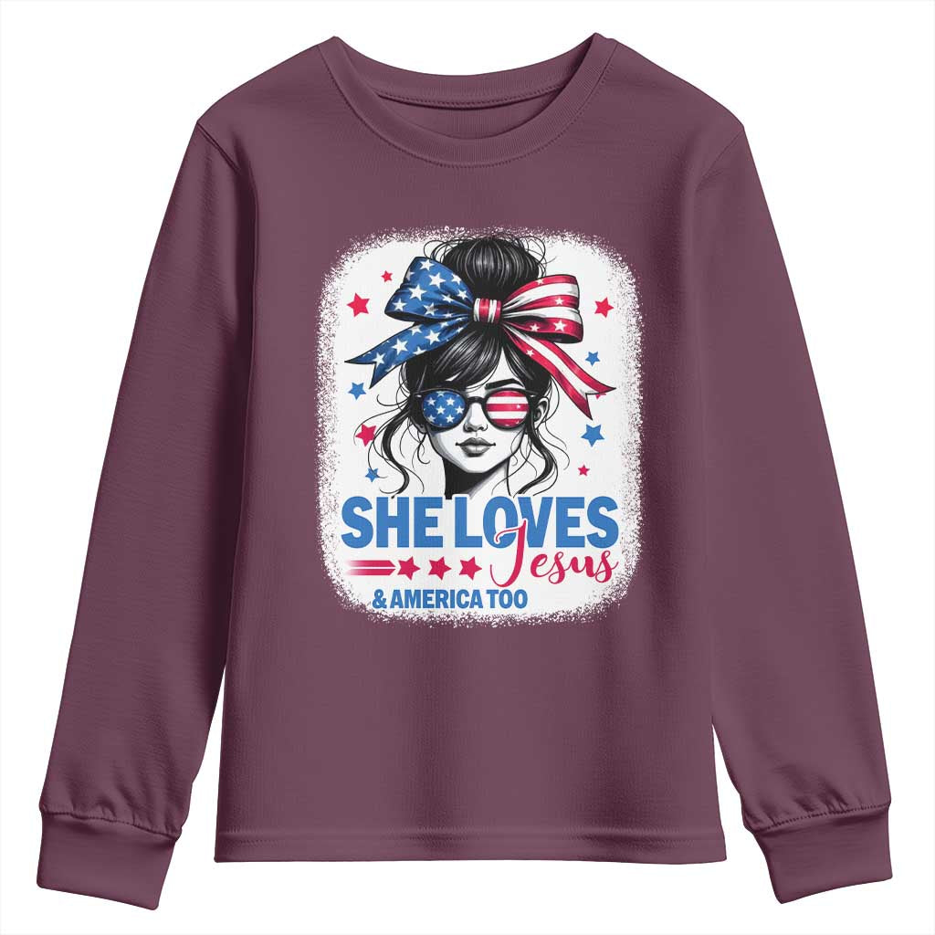 She Loves Jesus And America Too Youth Sweatshirt Christian 4th of July Messy Bun Flag - Wonder Print Shop