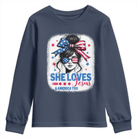She Loves Jesus And America Too Youth Sweatshirt Christian 4th of July Messy Bun Flag - Wonder Print Shop