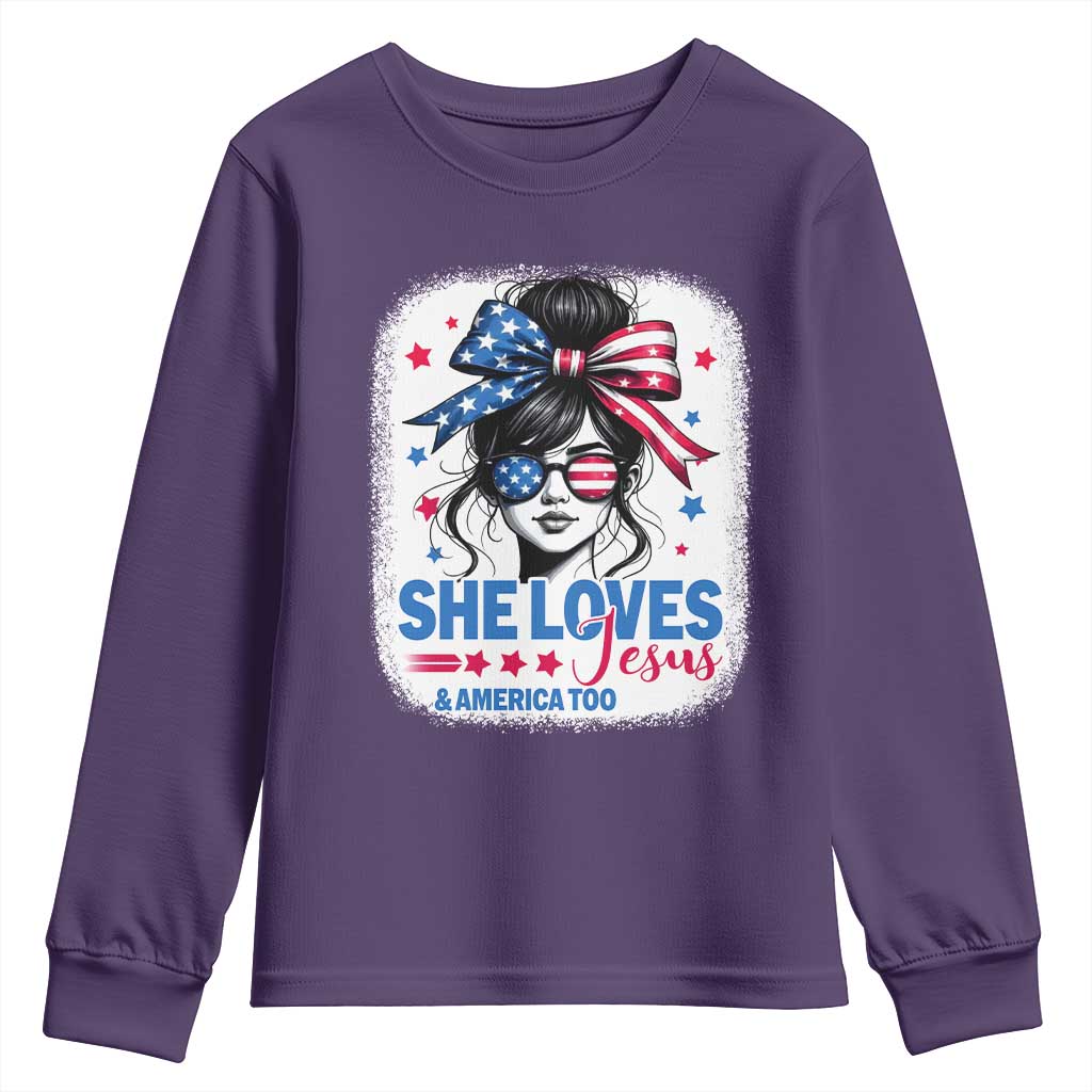 She Loves Jesus And America Too Youth Sweatshirt Christian 4th of July Messy Bun Flag - Wonder Print Shop