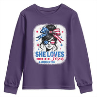 She Loves Jesus And America Too Youth Sweatshirt Christian 4th of July Messy Bun Flag - Wonder Print Shop