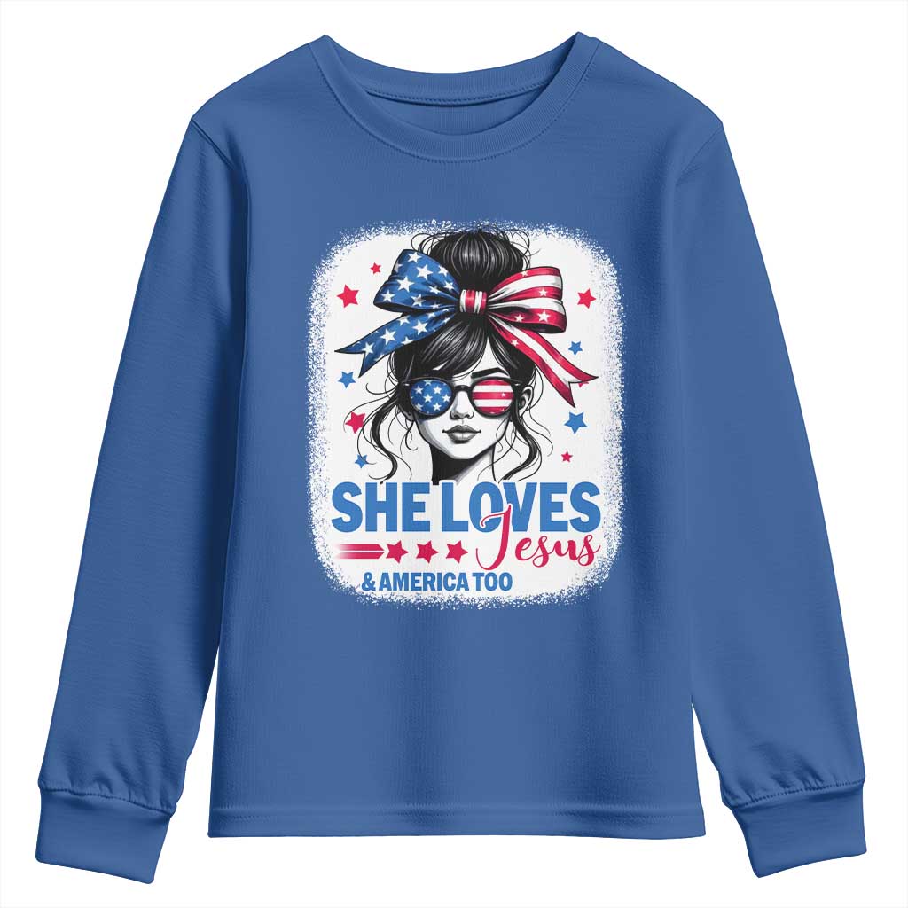 She Loves Jesus And America Too Youth Sweatshirt Christian 4th of July Messy Bun Flag - Wonder Print Shop
