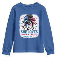 She Loves Jesus And America Too Youth Sweatshirt Christian 4th of July Messy Bun Flag - Wonder Print Shop