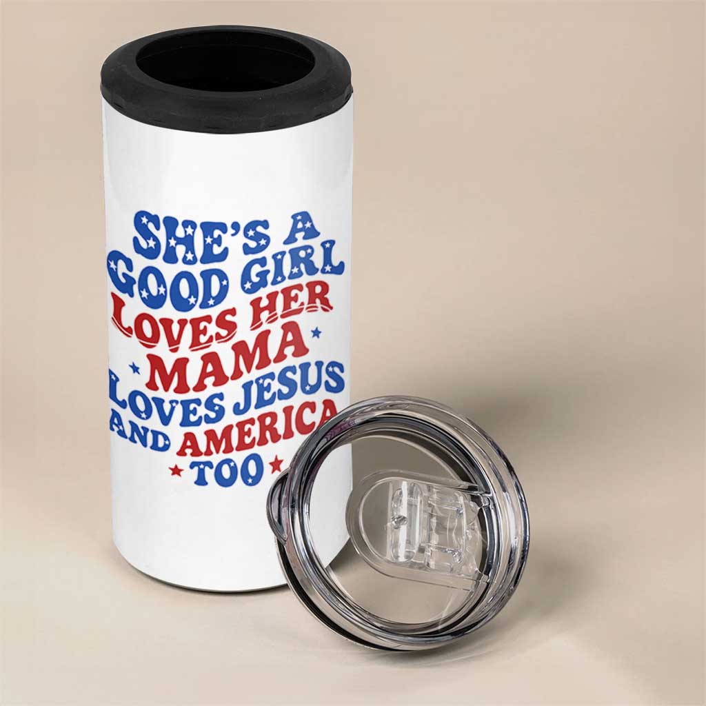 Good Girl Loves Mama Jesus and America 4 in 1 Can Cooler Tumbler Retro Patriotic 4th of July USA - Wonder Print Shop