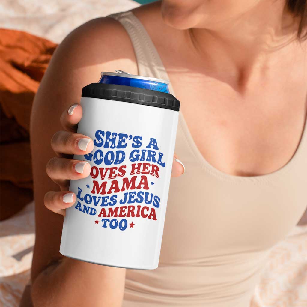 Good Girl Loves Mama Jesus and America 4 in 1 Can Cooler Tumbler Retro Patriotic 4th of July USA - Wonder Print Shop