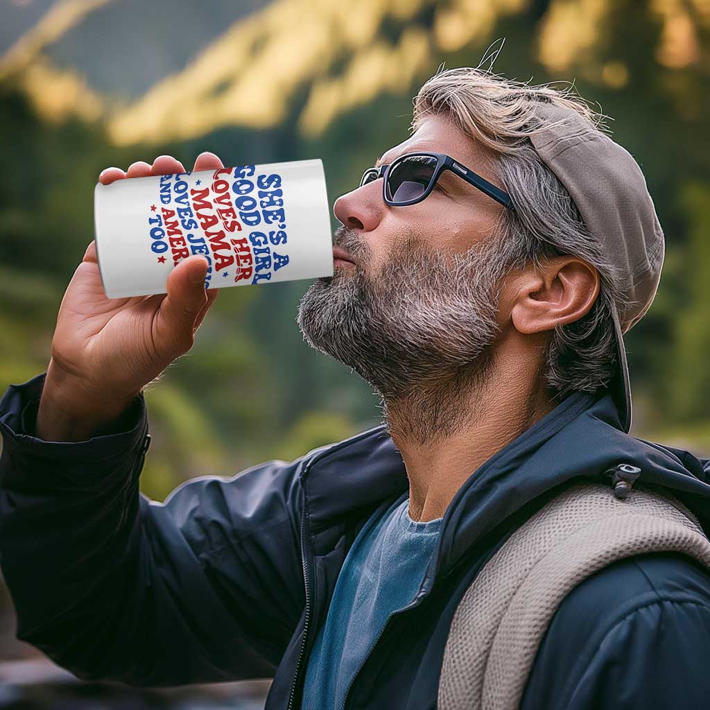 Good Girl Loves Mama Jesus and America 4 in 1 Can Cooler Tumbler Retro Patriotic 4th of July USA - Wonder Print Shop