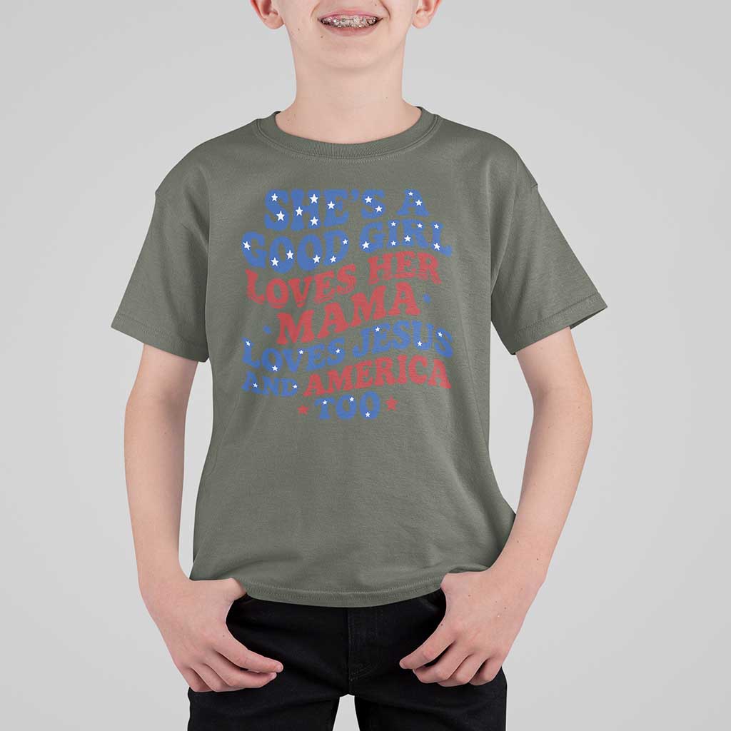 Good Girl Loves Mama Jesus and America T Shirt For Kid Retro Patriotic 4th of July USA - Wonder Print Shop