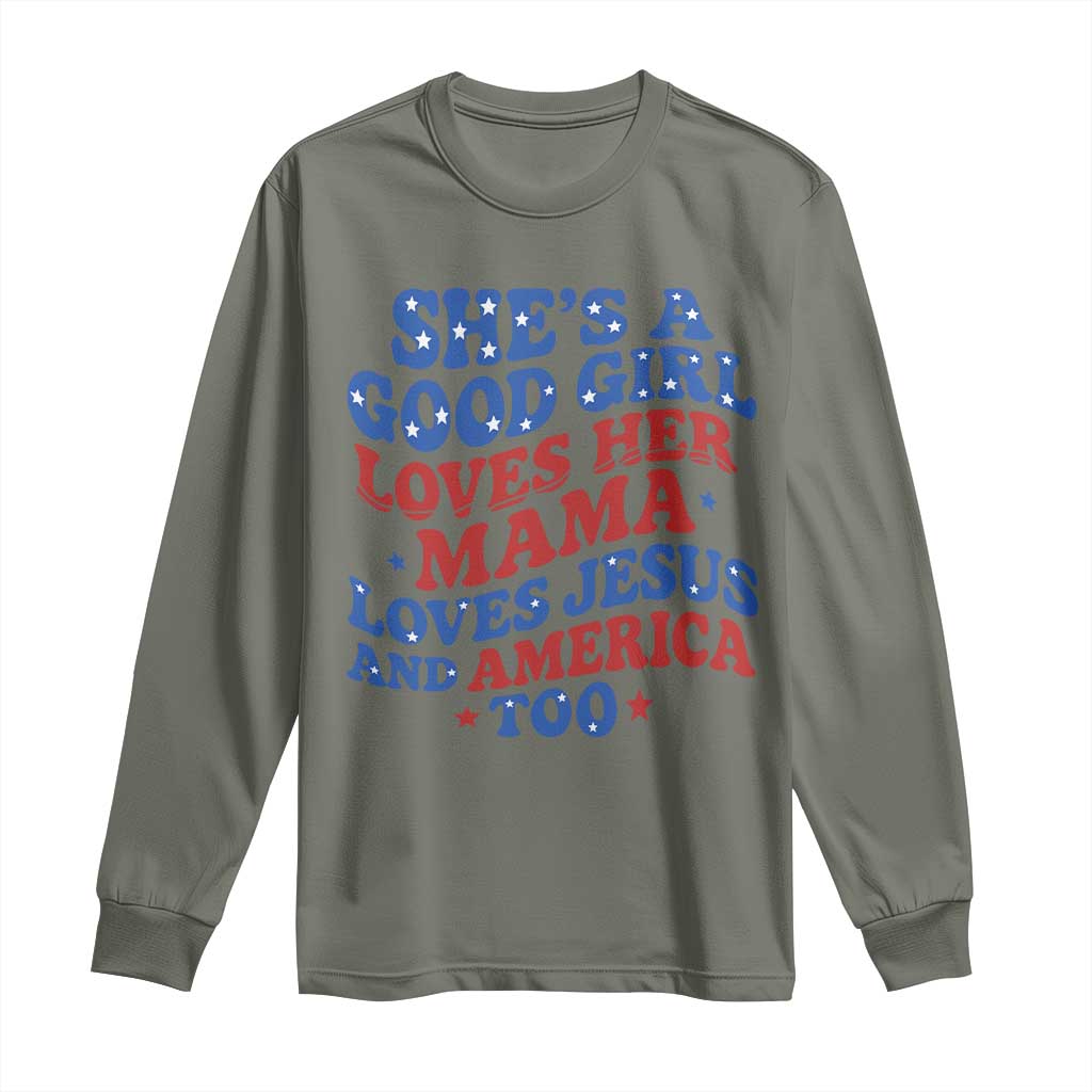 Good Girl Loves Mama Jesus and America Long Sleeve Shirt Retro Patriotic 4th of July USA - Wonder Print Shop