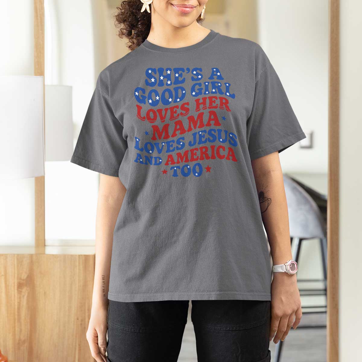 Good Girl Loves Mama Jesus and America T Shirt For Women Retro Patriotic 4th of July USA - Wonder Print Shop