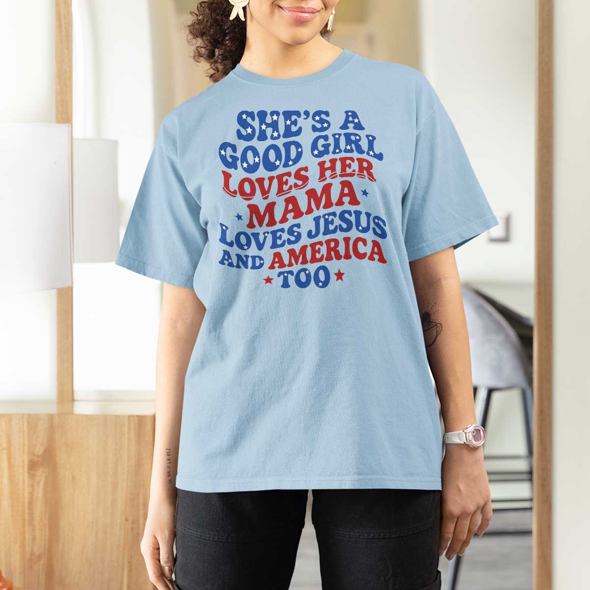 Good Girl Loves Mama Jesus and America T Shirt For Women Retro Patriotic 4th of July USA - Wonder Print Shop