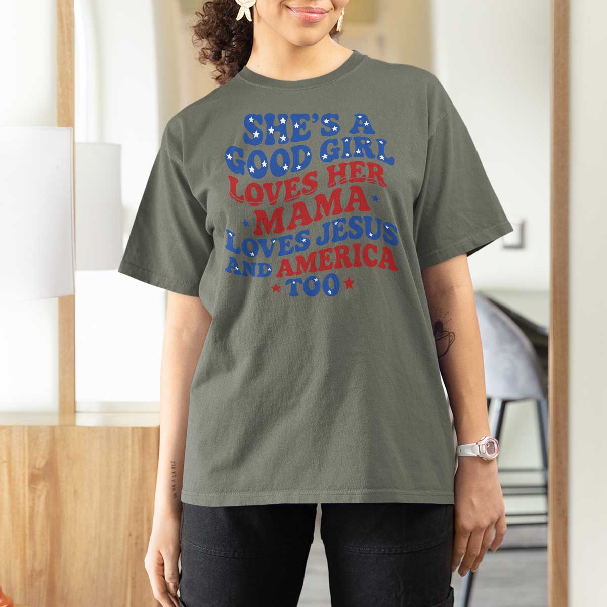 Good Girl Loves Mama Jesus and America T Shirt For Women Retro Patriotic 4th of July USA - Wonder Print Shop