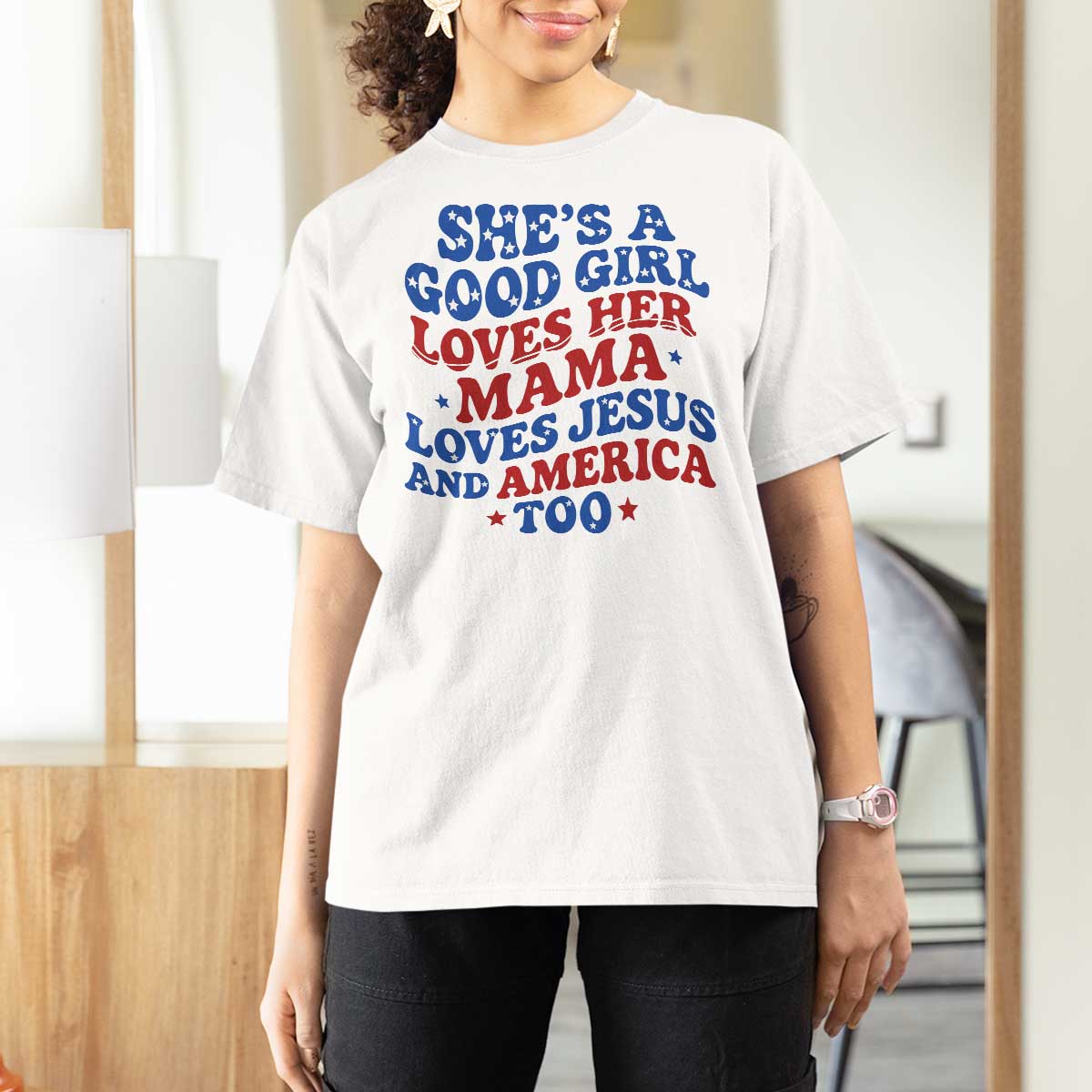 Good Girl Loves Mama Jesus and America T Shirt For Women Retro Patriotic 4th of July USA - Wonder Print Shop
