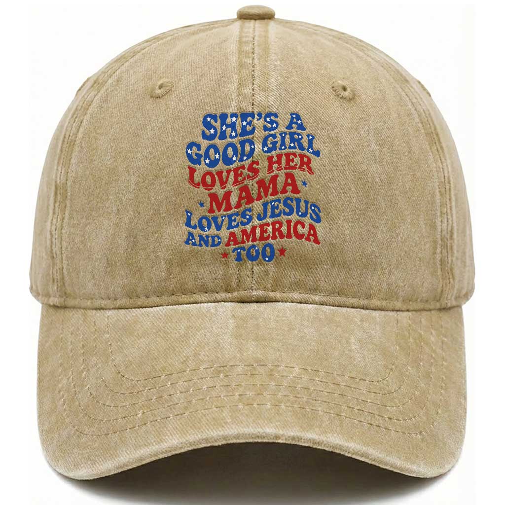 Good Girl Loves Mama Jesus and America Washed Cotton Baseball Cap Retro Patriotic 4th of July USA