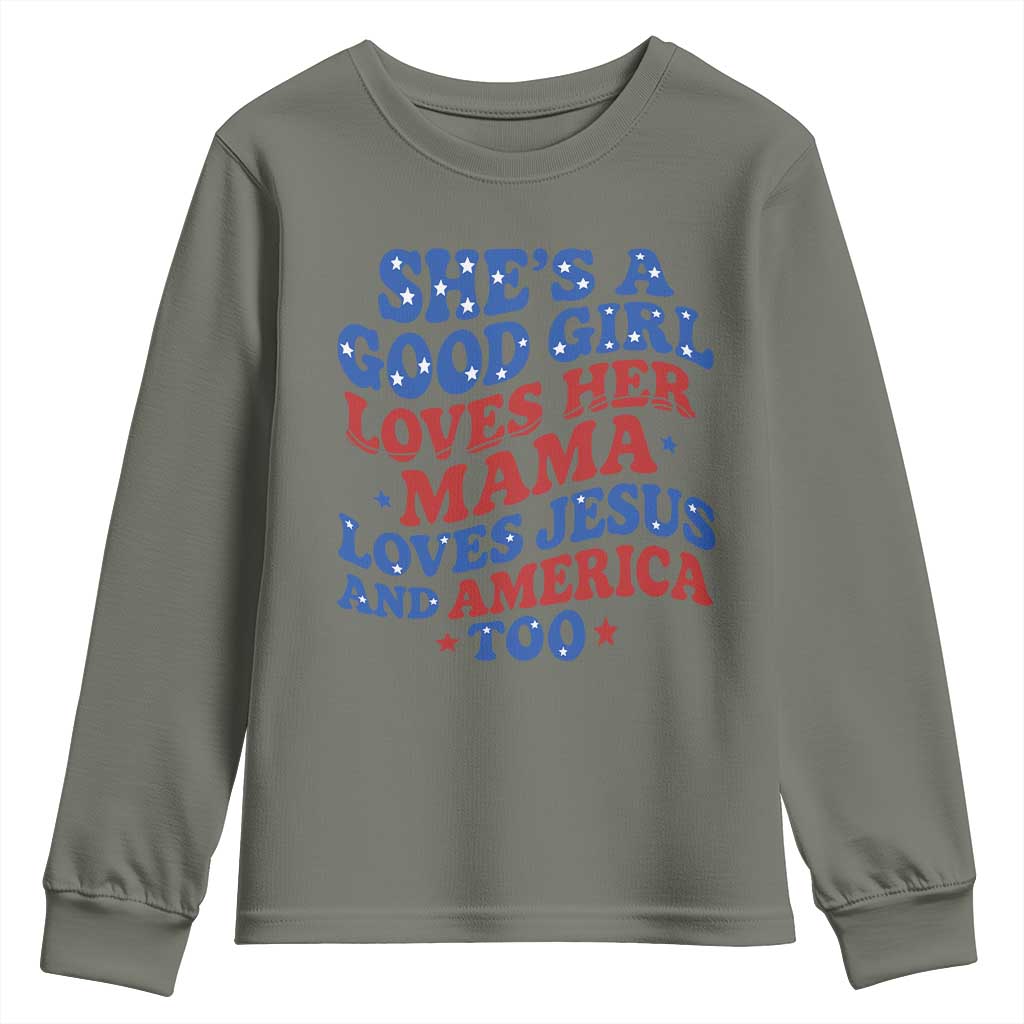 Good Girl Loves Mama Jesus and America Youth Sweatshirt Retro Patriotic 4th of July USA - Wonder Print Shop