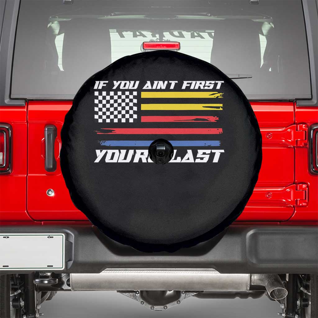 US Flag Car Racing Spare Tire Cover If You Aint First Youre Last Checkered Flag - Wonder Print Shop