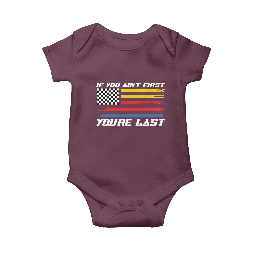 US Flag Car Racing Baby Onesie If You Aint First Youre Last Checkered Flag - Wonder Print Shop