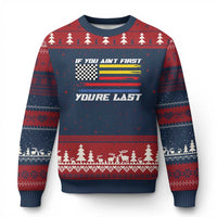 US Flag Car Racing Ugly Christmas Sweater If You Aint First Youre Last Checkered Flag - Wonder Print Shop