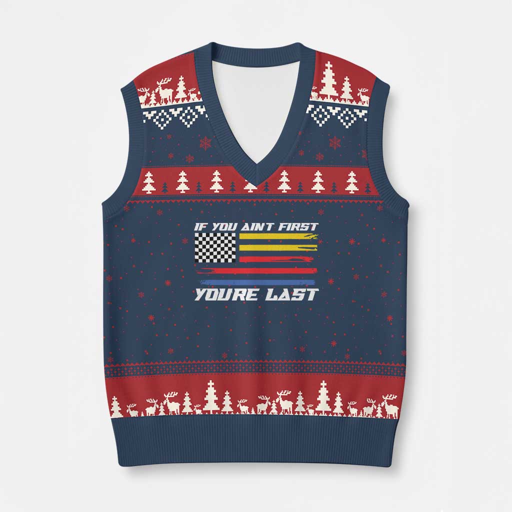 US Flag Car Racing V-Neck Knit Sweater Vest If You Aint First Youre Last Checkered Flag - Wonder Print Shop