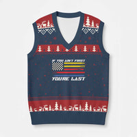 US Flag Car Racing V-Neck Knit Sweater Vest If You Aint First Youre Last Checkered Flag - Wonder Print Shop