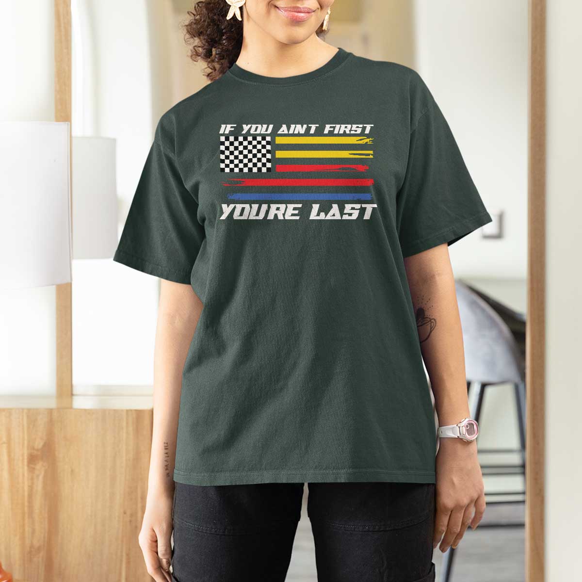US Flag Car Racing T Shirt For Women If You Aint First Youre Last Checkered Flag - Wonder Print Shop