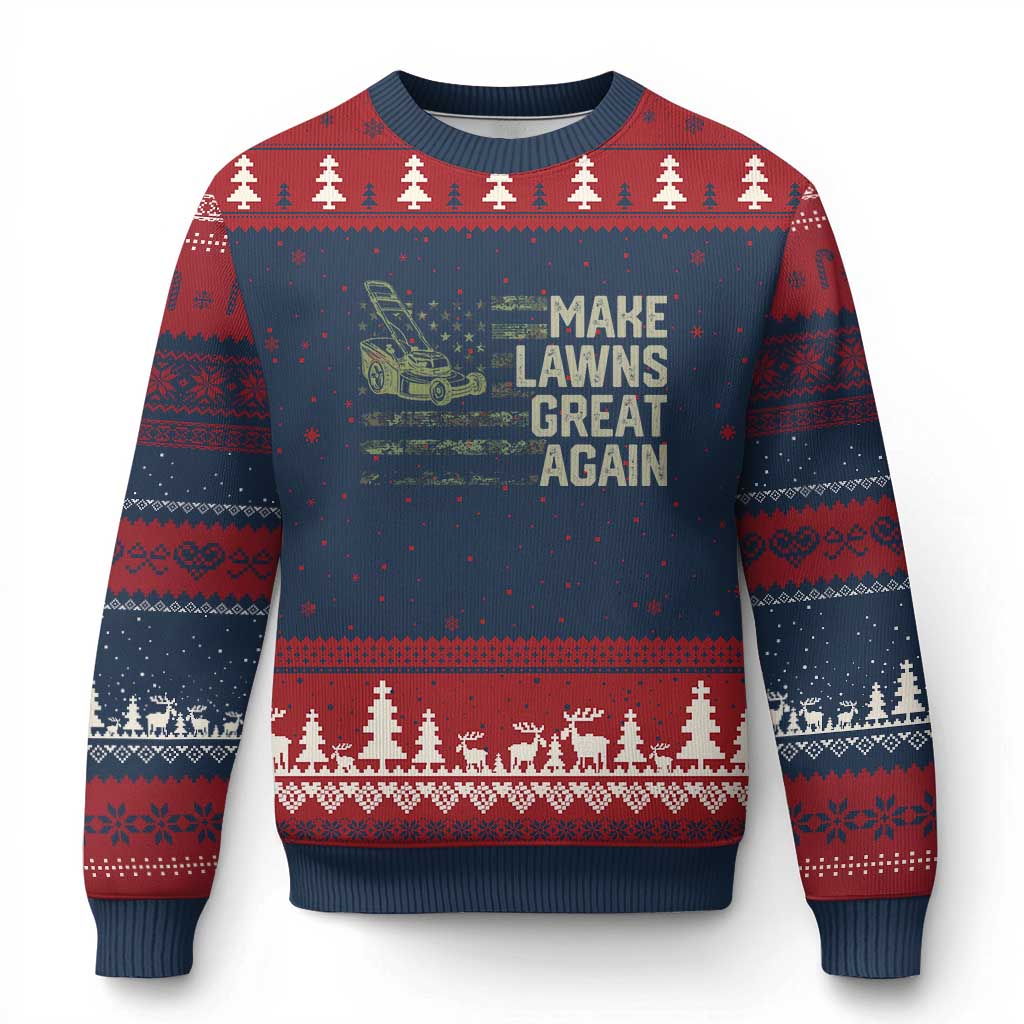 Funny Lawn Mower Dad Gardener Ugly Christmas Sweater Make Lawns Great Again Fathers Day American Flag - Wonder Print Shop