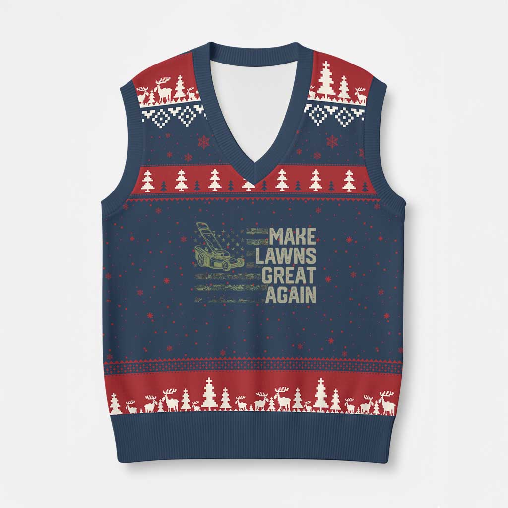 Funny Lawn Mower Dad Gardener V-Neck Knit Sweater Vest Make Lawns Great Again Fathers Day American Flag - Wonder Print Shop