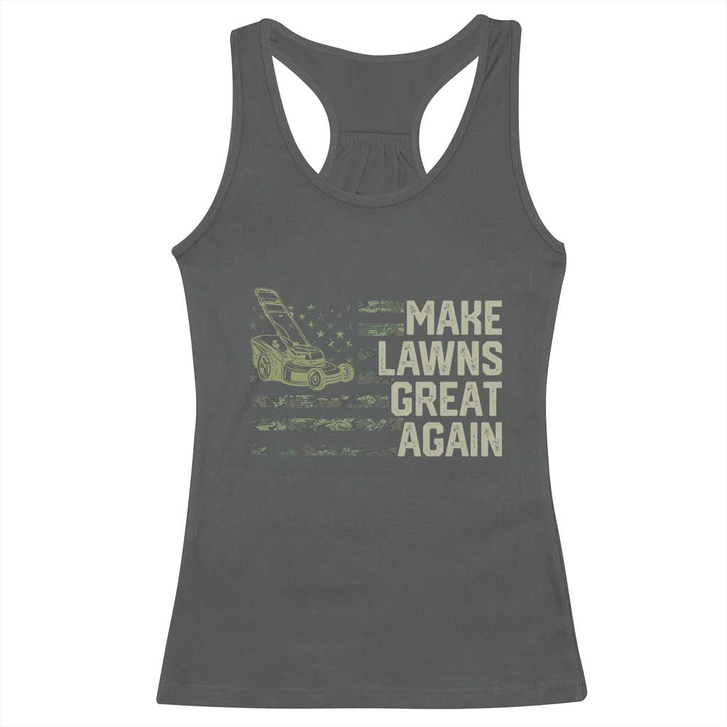 Funny Lawn Mower Dad Gardener Racerback Tank Top Make Lawns Great Again Fathers Day American Flag - Wonder Print Shop