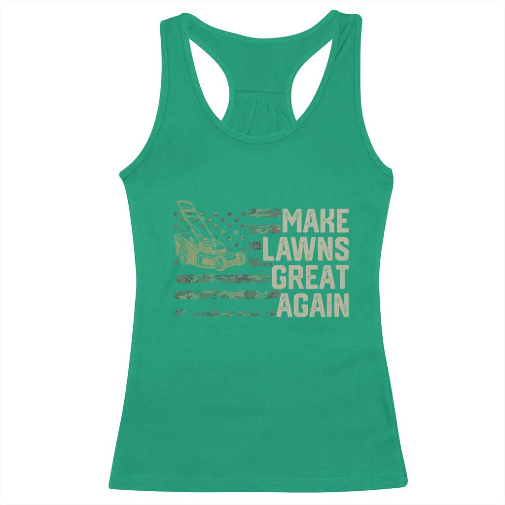 Funny Lawn Mower Dad Gardener Racerback Tank Top Make Lawns Great Again Fathers Day American Flag - Wonder Print Shop