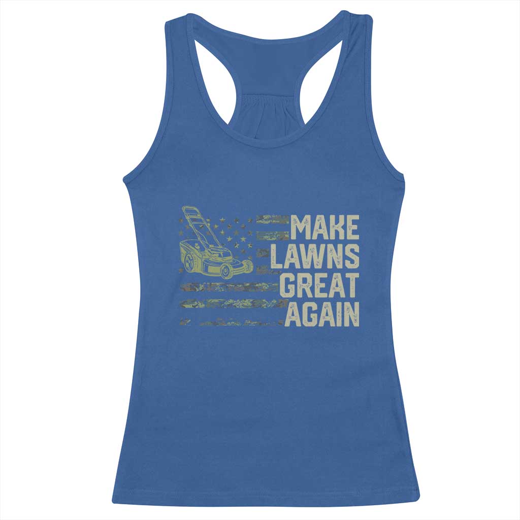 Funny Lawn Mower Dad Gardener Racerback Tank Top Make Lawns Great Again Fathers Day American Flag - Wonder Print Shop