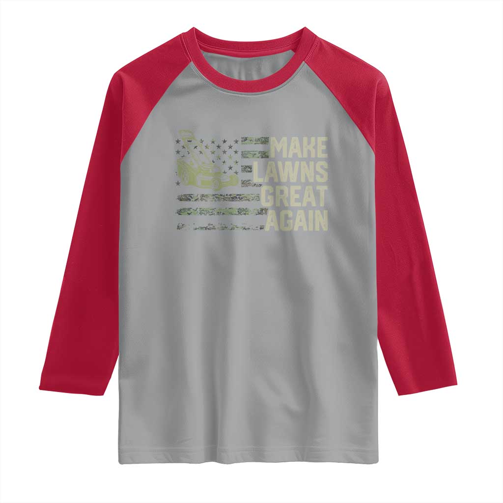 Funny Lawn Mower Dad Gardener Raglan Shirt Make Lawns Great Again Fathers Day American Flag - Wonder Print Shop