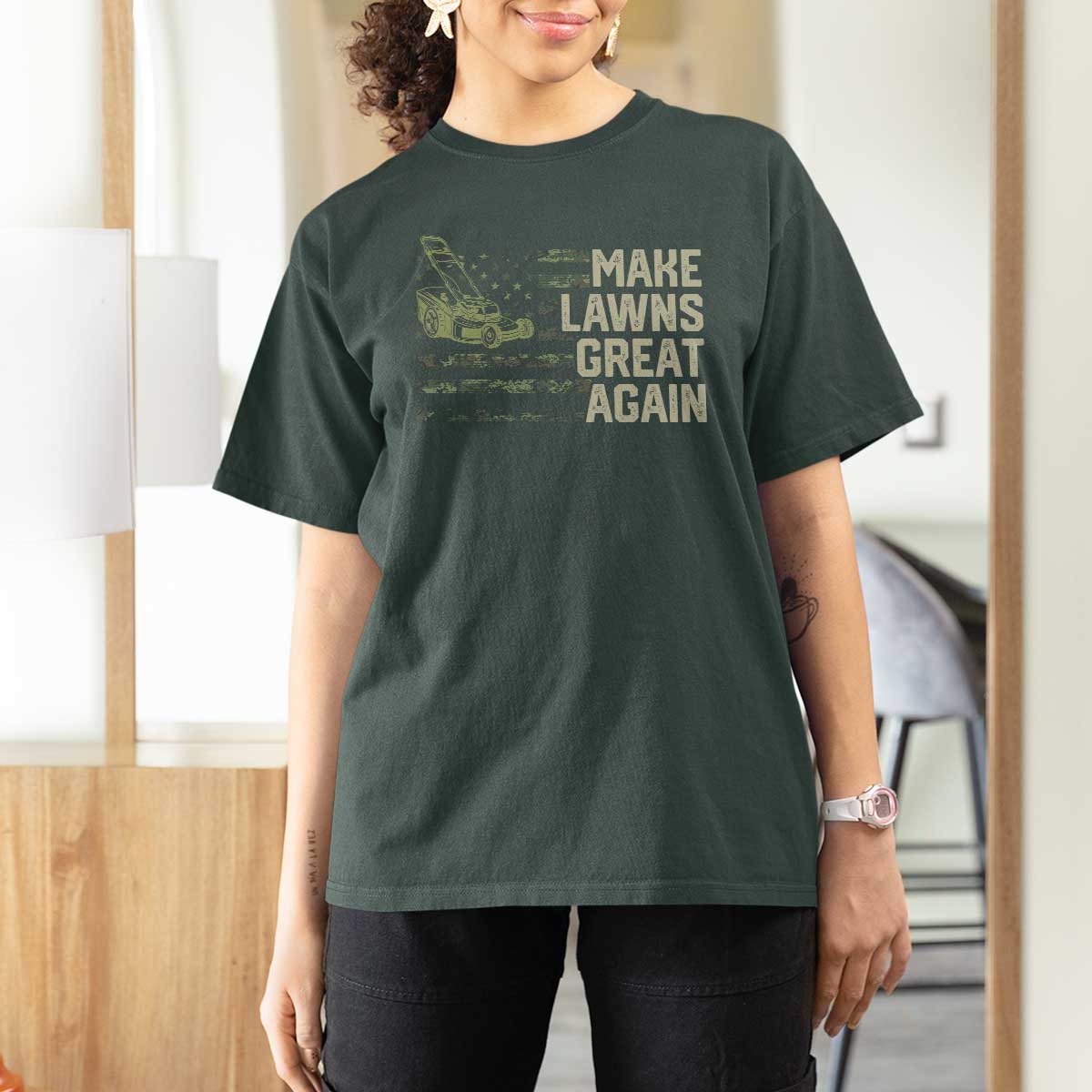 Funny Lawn Mower Dad Gardener T Shirt For Women Make Lawns Great Again Fathers Day American Flag - Wonder Print Shop