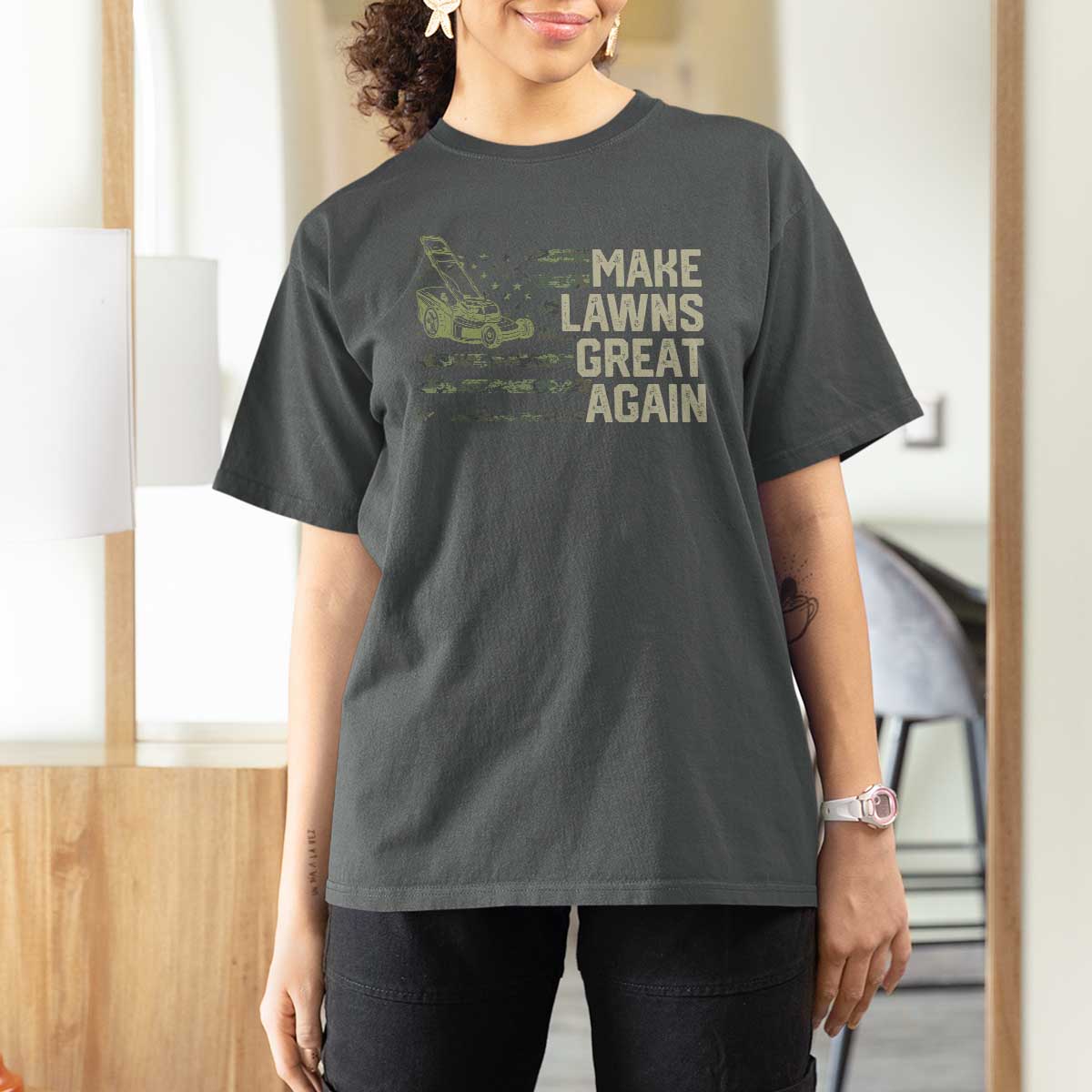 Funny Lawn Mower Dad Gardener T Shirt For Women Make Lawns Great Again Fathers Day American Flag - Wonder Print Shop
