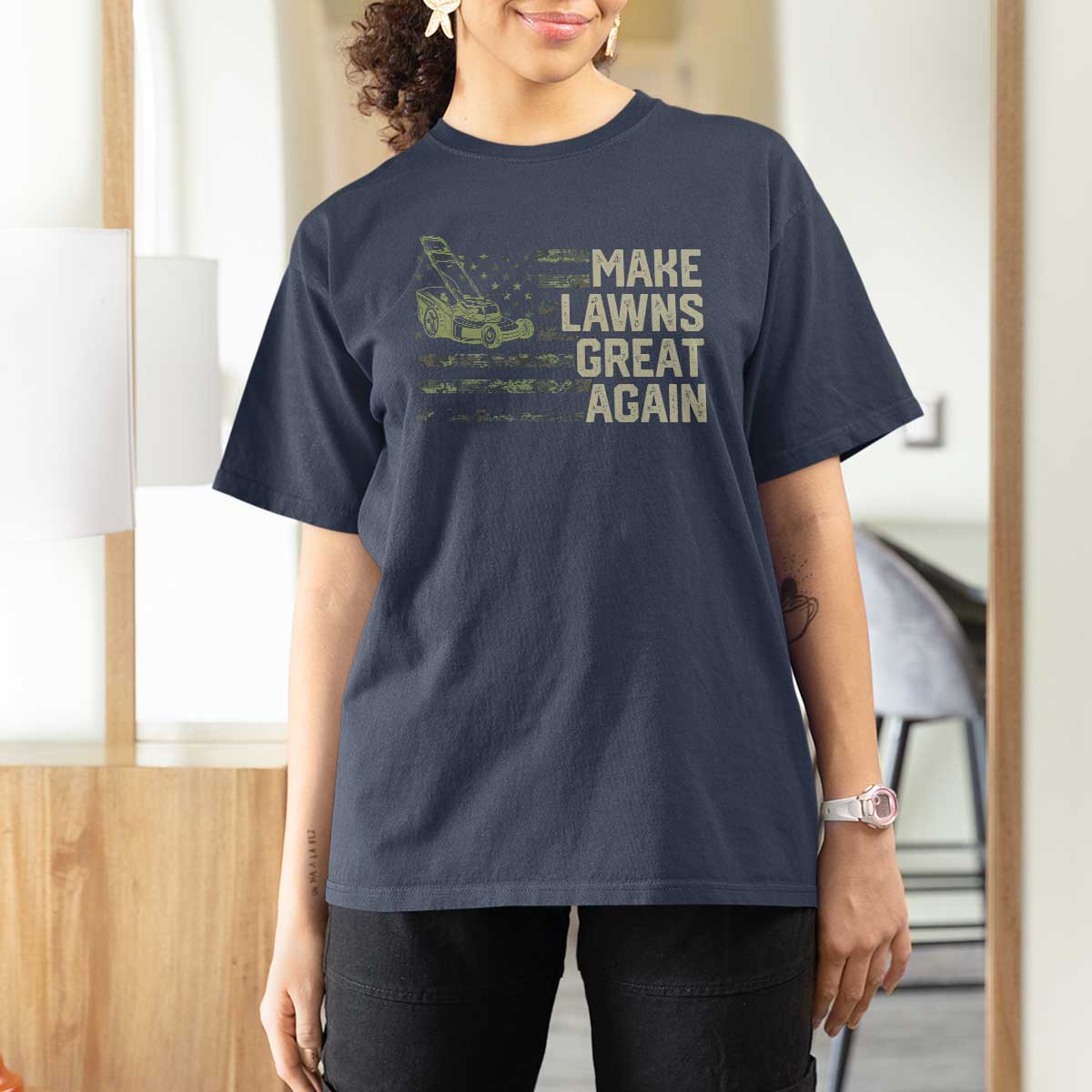 Funny Lawn Mower Dad Gardener T Shirt For Women Make Lawns Great Again Fathers Day American Flag - Wonder Print Shop