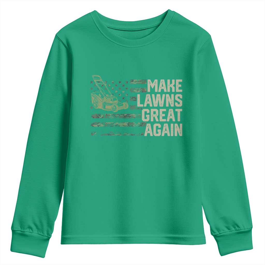 Funny Lawn Mower Dad Gardener Youth Sweatshirt Make Lawns Great Again Fathers Day American Flag - Wonder Print Shop