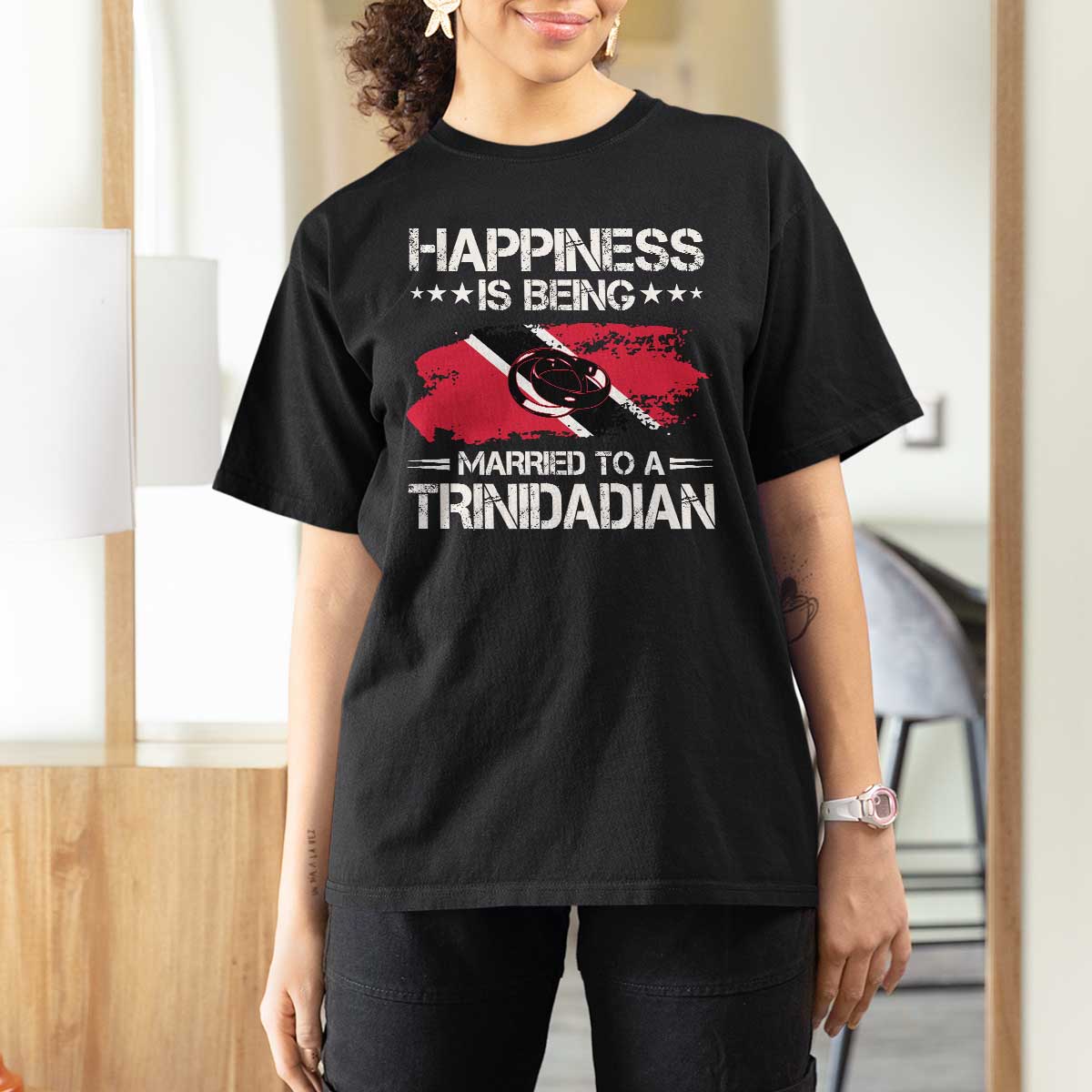 Happiness Is Being Married to a Trinidadian T Shirt For Women Trinidad & Tobago Flag Couples Gift - Wonder Print Shop